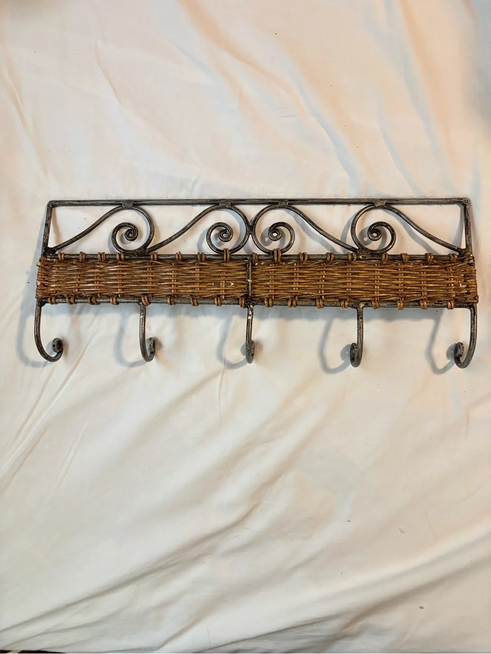 Vintage Metal and Wicker Five Hook Rack Wall Hanger Decor